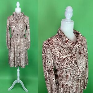 Vintage 70s Brown Cheetah Dress with Cowl Neck - Size Small